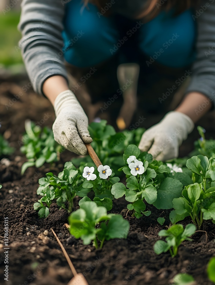 Fototapeta premium A person joyfully gardening and planting flowers outdoors