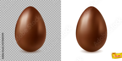 Vector illustration of a shiny chocolate Easter egg with realistic highlights, shown on transparent and white backgrounds, perfect for packaging, ads, and holiday decorations