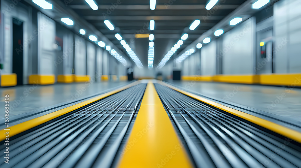 A modern, empty corridor with yellow lines and metallic textures, featuring bright overhead lights and a sleek, futuristic design. A modern, empty corridor with yellow lines and metallic textures, featuring bright overhead lights and a sleek, futuristic design.