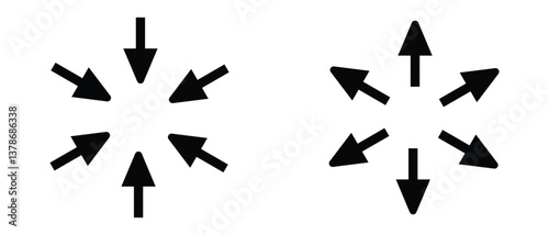 black silhouette inward arrow icon. flat and vintage style inward arrow on white background.