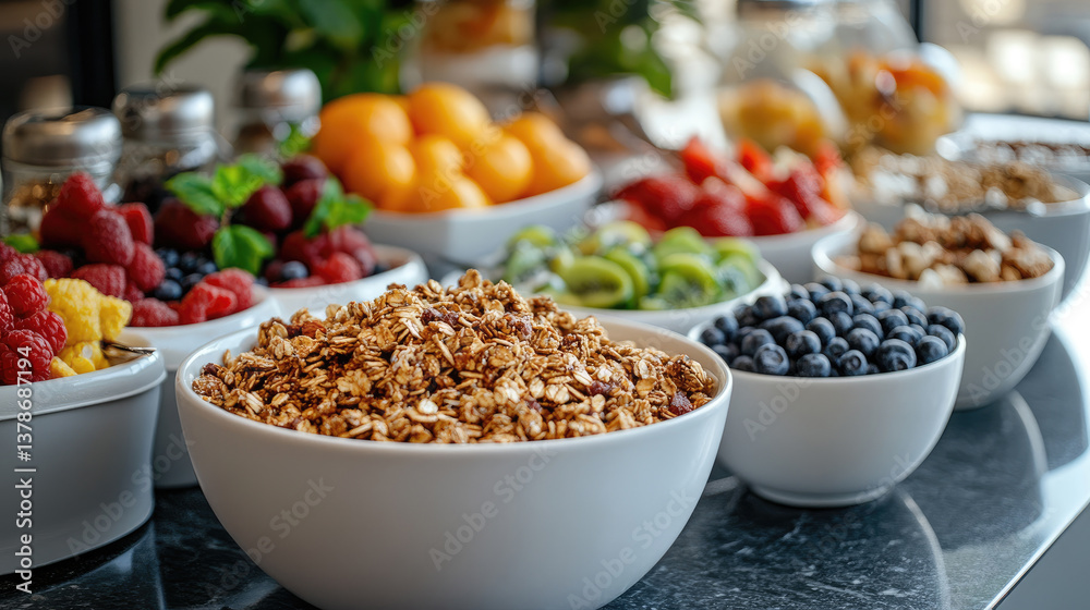 Healthy breakfast buffet setup with bowls of oatmeal, granola, raspberries, and diced peaches, surrounded by fresh fruits and cereals in a hotel dining area, morning nutrition concept Healthy breakfast buffet setup with bowls of oatmeal, granola, raspberries, and diced peaches, surrounded by fresh fruits and cereals in a hotel dining area, morning nutrition concept