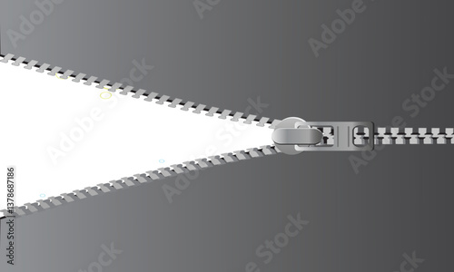 A symbolic digital illustration of a gray zipper opening up to a bright white background