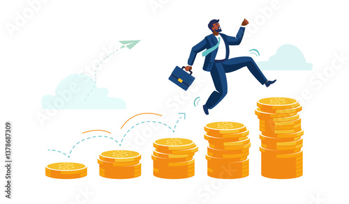 Business people. Happy businessman investor running on stack of money gold dollar coins growth, compound interest, money growth investment, prosperity or profit and profitability. Vector illustration