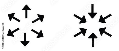 black silhouette inward arrow icon. flat and vintage style inward arrow on white background.