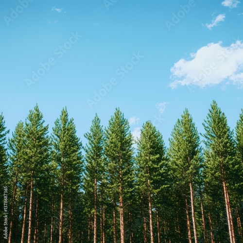 Lush green pine trees stand tall against a clear blue sky, creating a serene and peaceful natural landscape.