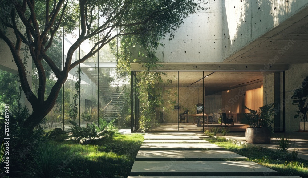 Obraz premium Modern home features a beautiful integration of nature and architecture