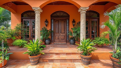 Ornate terracotta mansion front exterior with stone columns and potted tropical plants