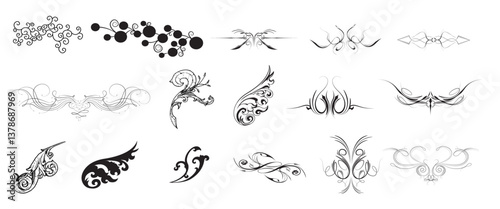 An assortment of black abstract swirls with shading effects on beige background