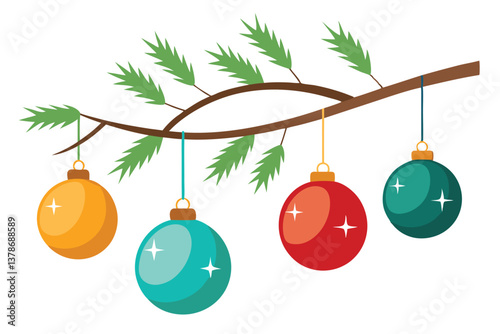 Decorative Colorful Christmas Baubles Hanging from Tree Branch on White Background