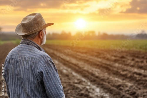 Old farmer looking at his cultivated field at sunset