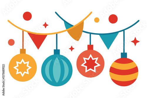 Festive Bunting with Baubles, Stars and Circles on White Background Celebration