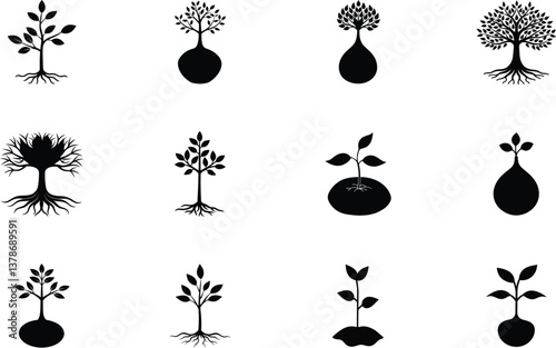 Stylized Tree Silhouettes Growth, Nature, Roots, and Botany Illustrations