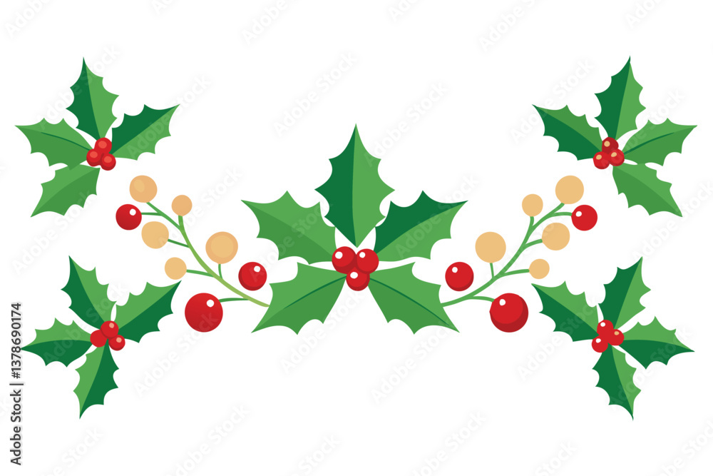 Fototapeta premium Festive Holly Berry Branches With Red Berries and Green Leaves on White