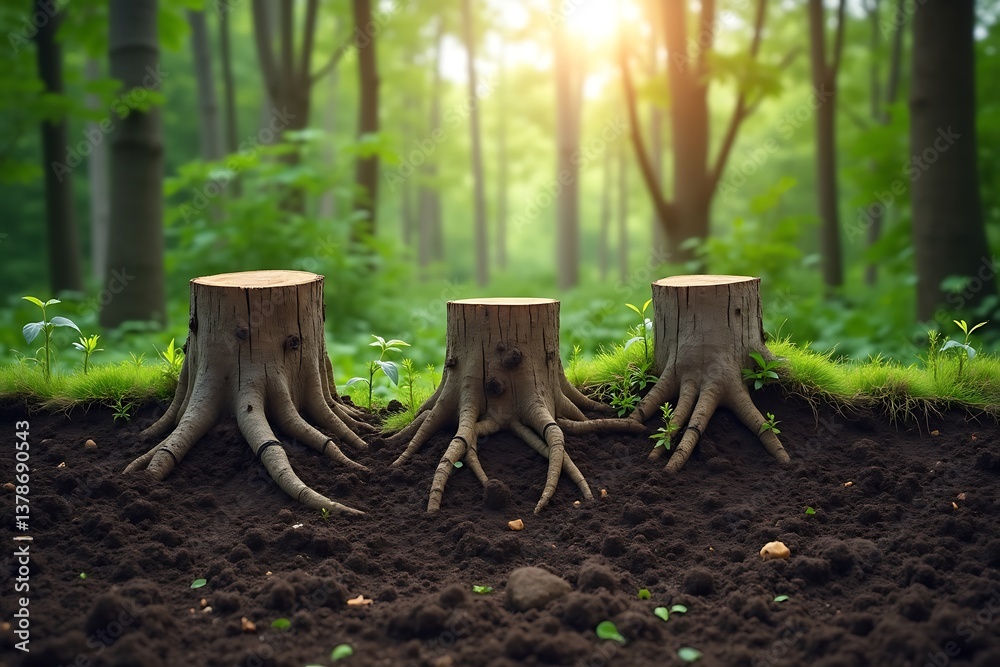 Fototapeta premium Cut Tree Stumps in Sunlit Forest Clearing Showing Deforestation Impact