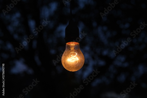 photo of yellow light bulb glowing at night