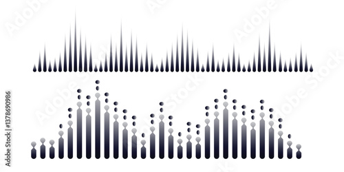 Black sound waves on white background - Music wave frequency or equaliser audio lines and digital voice volume visualisation vector set isolated illustrations 