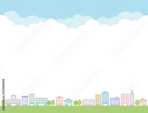 Background of city and town landscape. Buildings, schools, houses, trees and street trees against a cloudy sky background.