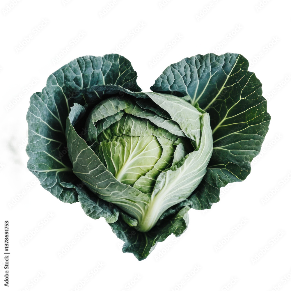 Fototapeta premium A vibrant green cabbage showcases its natural shape and crisp leaves in a studio against a white backdrop, ideal for cooking