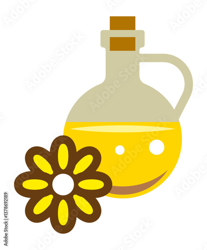 bottle of sunflower oil with a sunflower icon beside it in flat cartoon style.