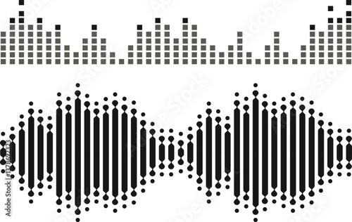 Black sound waves on white background - Music wave frequency or equaliser audio lines and digital voice volume visualisation vector set isolated illustrations 