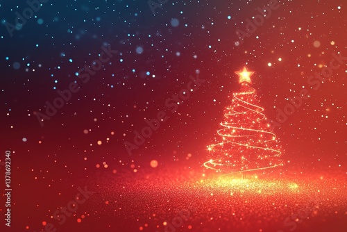 Christmas background with xmas tree and sparkle bokeh lights on red canvas background. Merry christmas card. Winter holiday theme. Happy New Year. Space for text