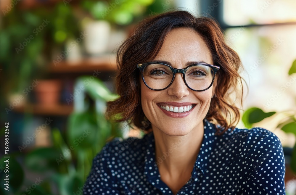 A portrait of an attractive woman in her late thirties, smiling and wearing glasses with polka dot blue shirt A portrait of an attractive woman in her late thirties, smiling and wearing glasses with polka dot blue shirt