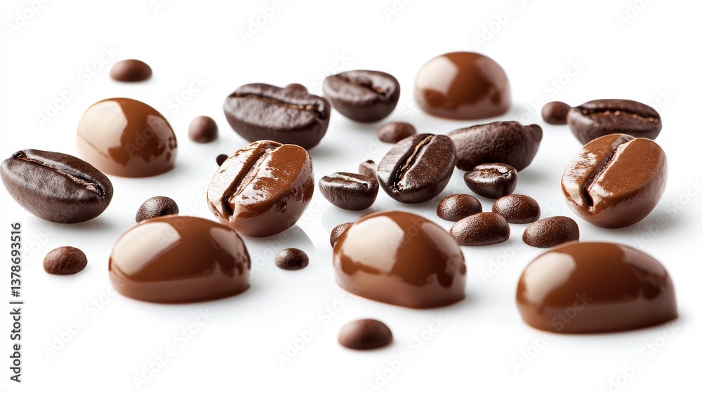 High resolution photo of milk, coffee and chocolate droplets expertly isolated on a pristine white background High resolution photo of milk, coffee and chocolate droplets expertly isolated on a pristine white background