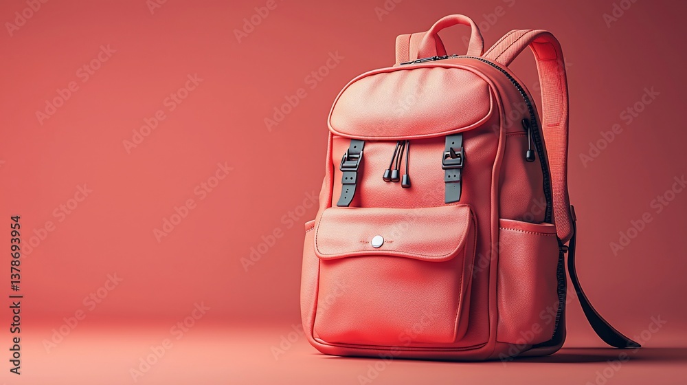 Fototapeta premium Red backpack with pockets, straps, and buckles on a matching red background