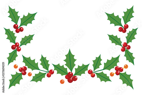 Holiday Holly Berry Border with Green Leaves on White Background