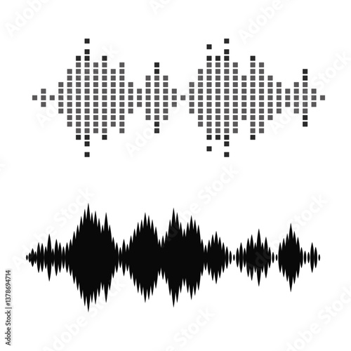 Black sound waves on white background - Music wave frequency or equaliser audio lines and digital voice volume visualisation vector set isolated illustrations 