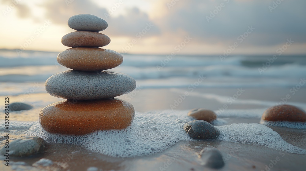 Fototapeta premium Serene coastal scene featuring smooth rocks artfully stacked to evoke natural balance and tranquility