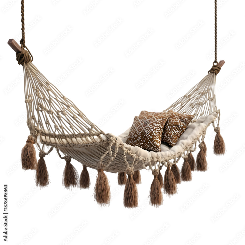 Obraz premium Close up of a hammock with pillows and tassels on a black background