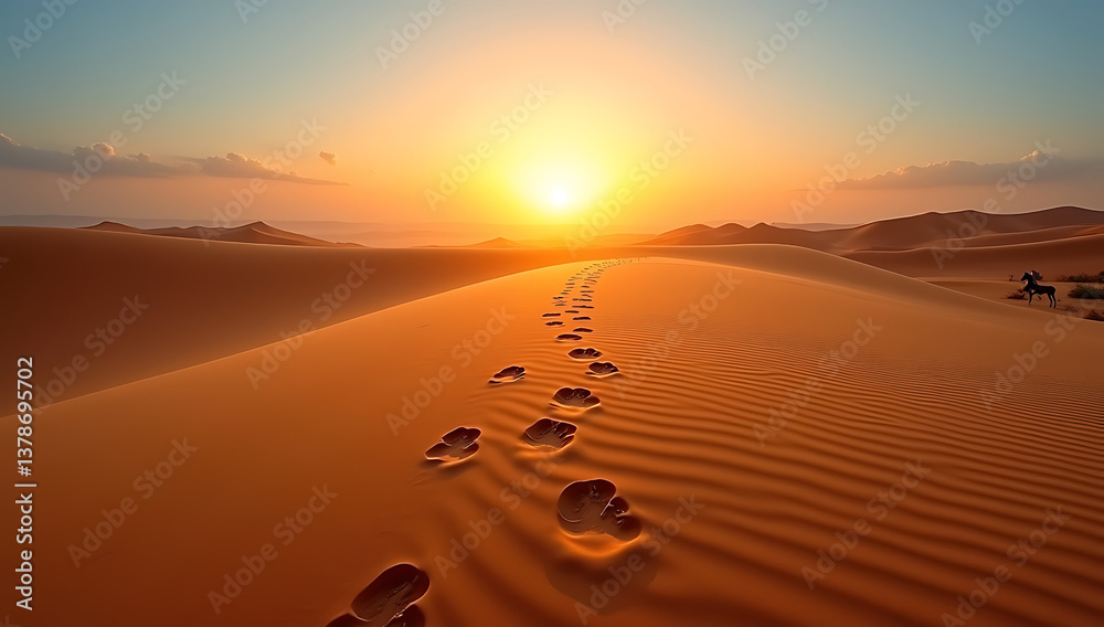 Naklejka premium A brilliant horizon is reached by the footprints of a donkey in the sand