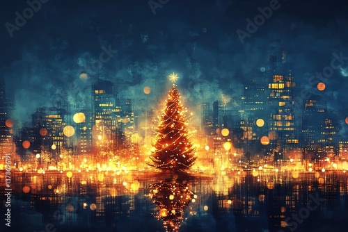 city with cristmas view, christmas concept house, cristmas bright lights, new year evening, beautiful christmas tree, AI Generative Illustration Graphic Design Art