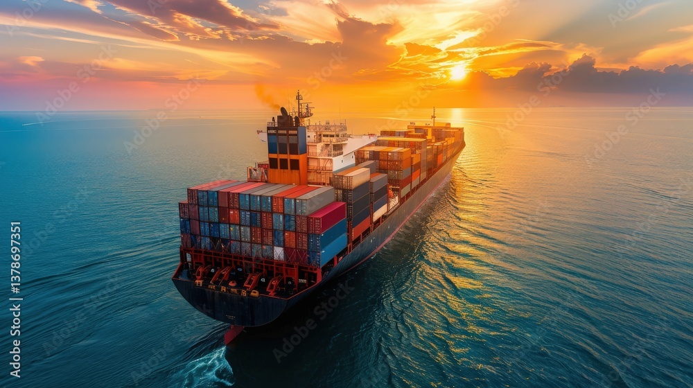 Cargo Ship at Sunset, Container ship sailing on the ocean at sunset. Cargo Ship at Sunset, Container ship sailing on the ocean at sunset.