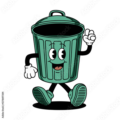 Fun retro character of a green smiling trash can with arms and legs walking happily down a street