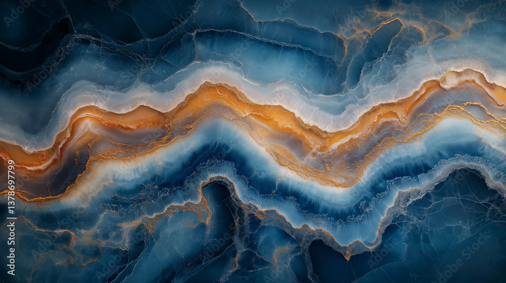 High-resolution close-up image depicting an abstract pattern featuring swirling lines and shapes. Predominantly blue hues are accented with streaks and bands of orange and white. The texture mimics High-resolution close-up image depicting an abstract pattern featuring swirling lines and shapes. Predominantly blue hues are accented with streaks and bands of orange and white. The texture mimics