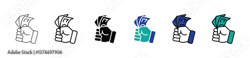 Cash money dollar notes vector icon set. salary banknote stack symbol in black colors