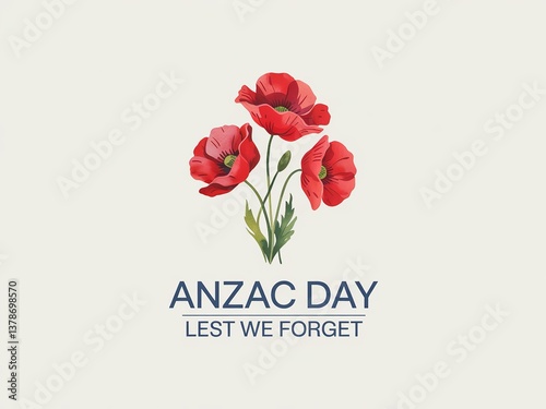 ANZAC Day, Lest We Forget, Red poppies with green stems and leaves symbolizing sacrifice, remembrance, and unity photo