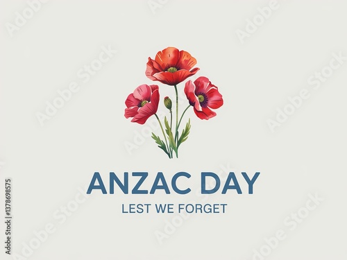 ANZAC Day, Lest We Forget, Red poppies with green stems and leaves symbolizing sacrifice, remembrance, and unity photo