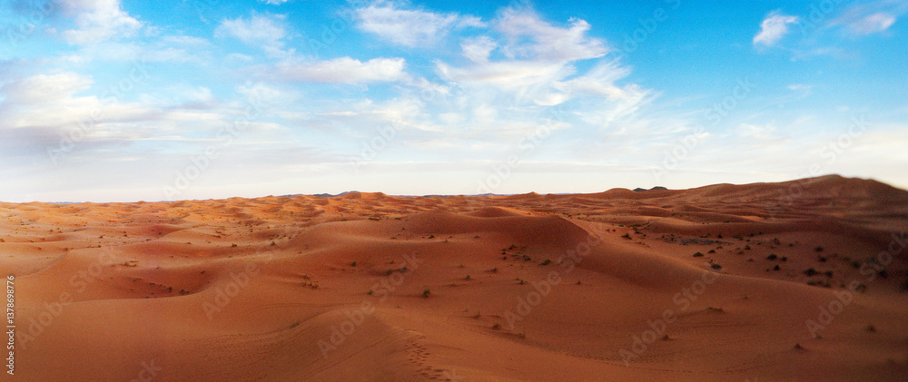 Panoramic view of the Sahara Desert landscape, Morocco. Panoramic view of the Sahara Desert landscape, Morocco.
