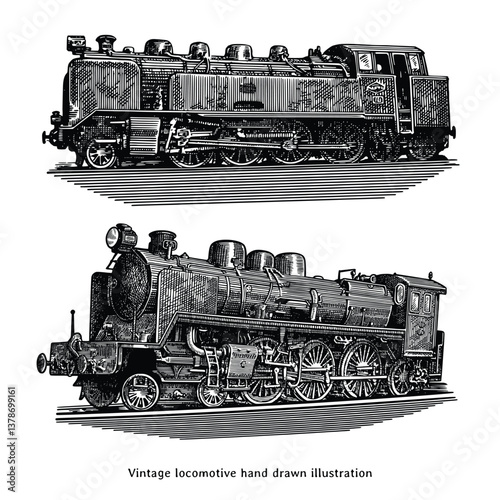 Vintage locomotive illustration. Locomotive hand drawn illustration in vintage engraving style