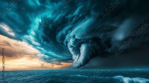 Raging Tempest: An epic image of a colossal cyclone swirling above a vast expanse of ocean, painted in dramatic hues, symbolizing nature's raw power and the sublime beauty of the elements.