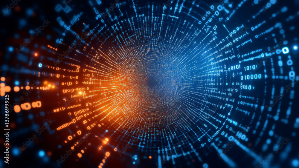 Inside view of a glowing matrix tunnel featuring neon binary code and symbols. Circular binary and symbols pattern. Technology, cybersecurity themes.