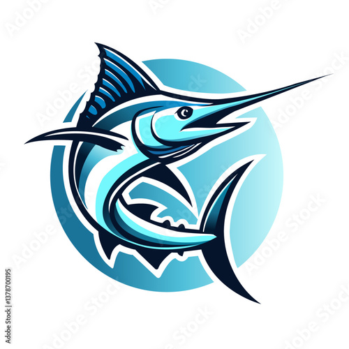 Blue Marlin jumping fish logo illustration cartoon, hand drawn style