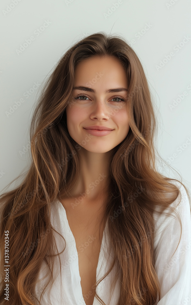 Fototapeta premium Close-up portrait of a young woman with long, wavy light brown hair that frames her face. The lighting is soft and diffused, minimizing harsh shadows. Her expression is gentle and serene, with a