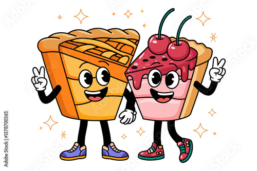 Retro cartoon characters of pie and dessert sharing joyful moment with peace signs in vibrant setting
