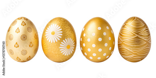 various gold painted Easter eggs isolated on transparent background	