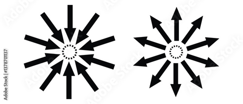 black silhouette inward arrow icon. flat and vintage style inward arrow on white background.
