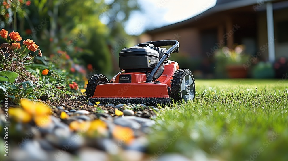 Lawn mower cutting grass in a vibrant garden with colorful flowers and a cozy home backdrop